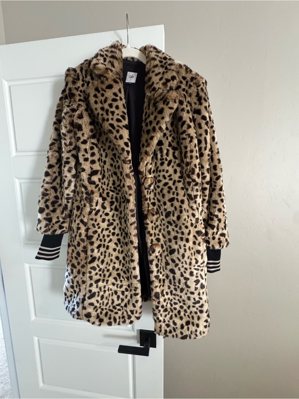 CAbi Leopard-Print Faux Fur Teddy Coat in Beige and Black